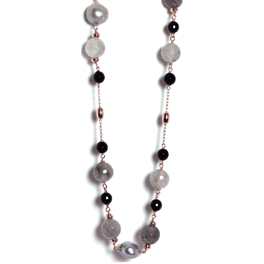Cloudy Quartz, Black Agate & Silver Pearl Necklace - 70cm