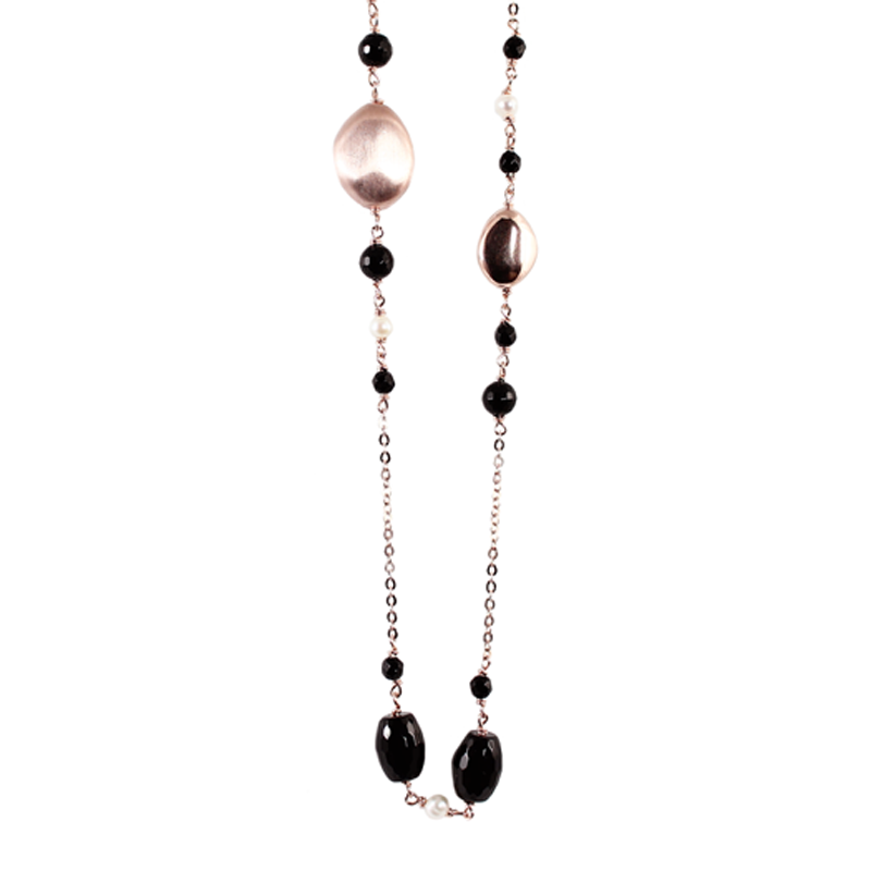 Black Agate, Pearl & Rose Gold Necklace - 130cm