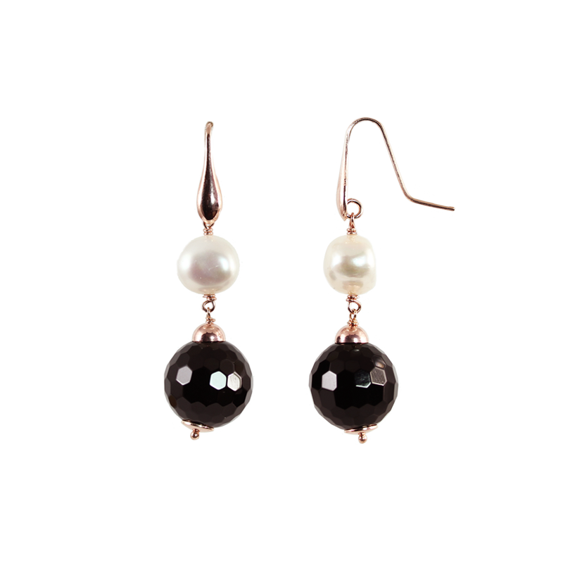 Black Agate & White Pearl Drop Earrings