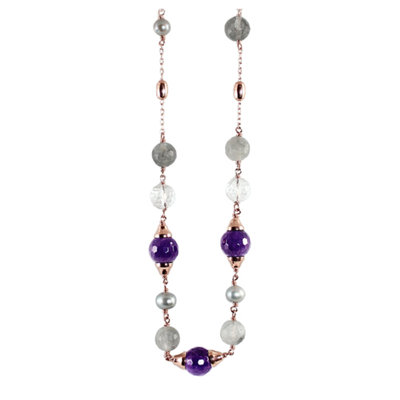 Silver Pearl, Amethyst, Cloudy Quartz, Crystal & Rose Gold Necklace - 100cm