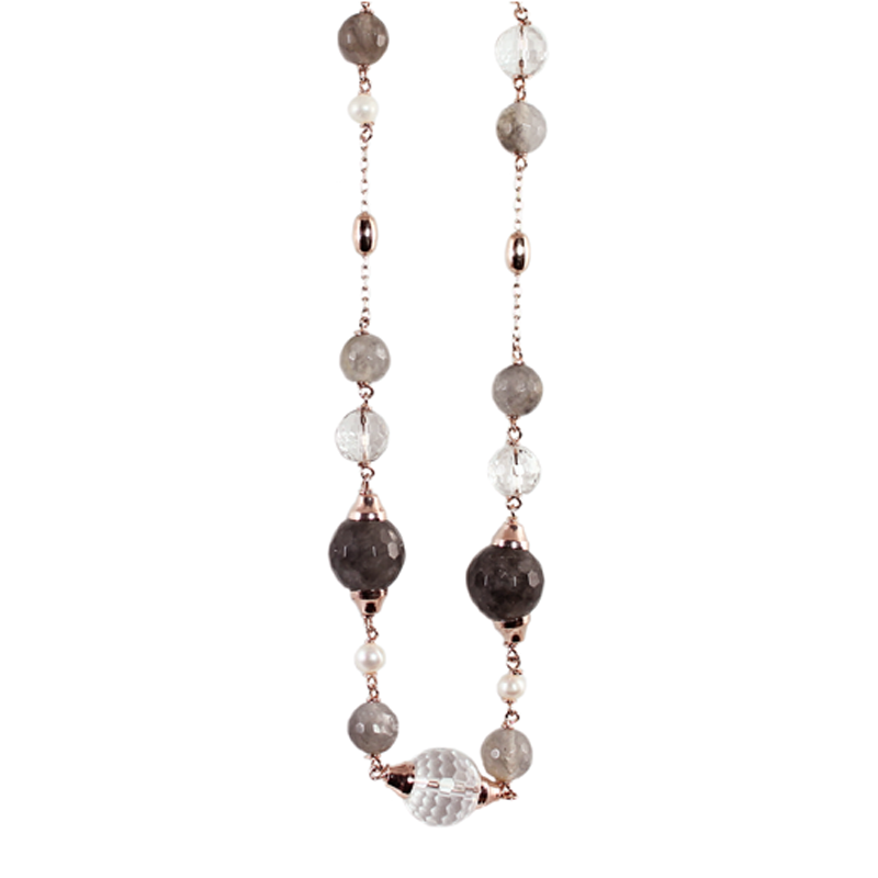 White Pearl, Cloudy Quartz, Crystal & Rose Gold Necklace - 100cm