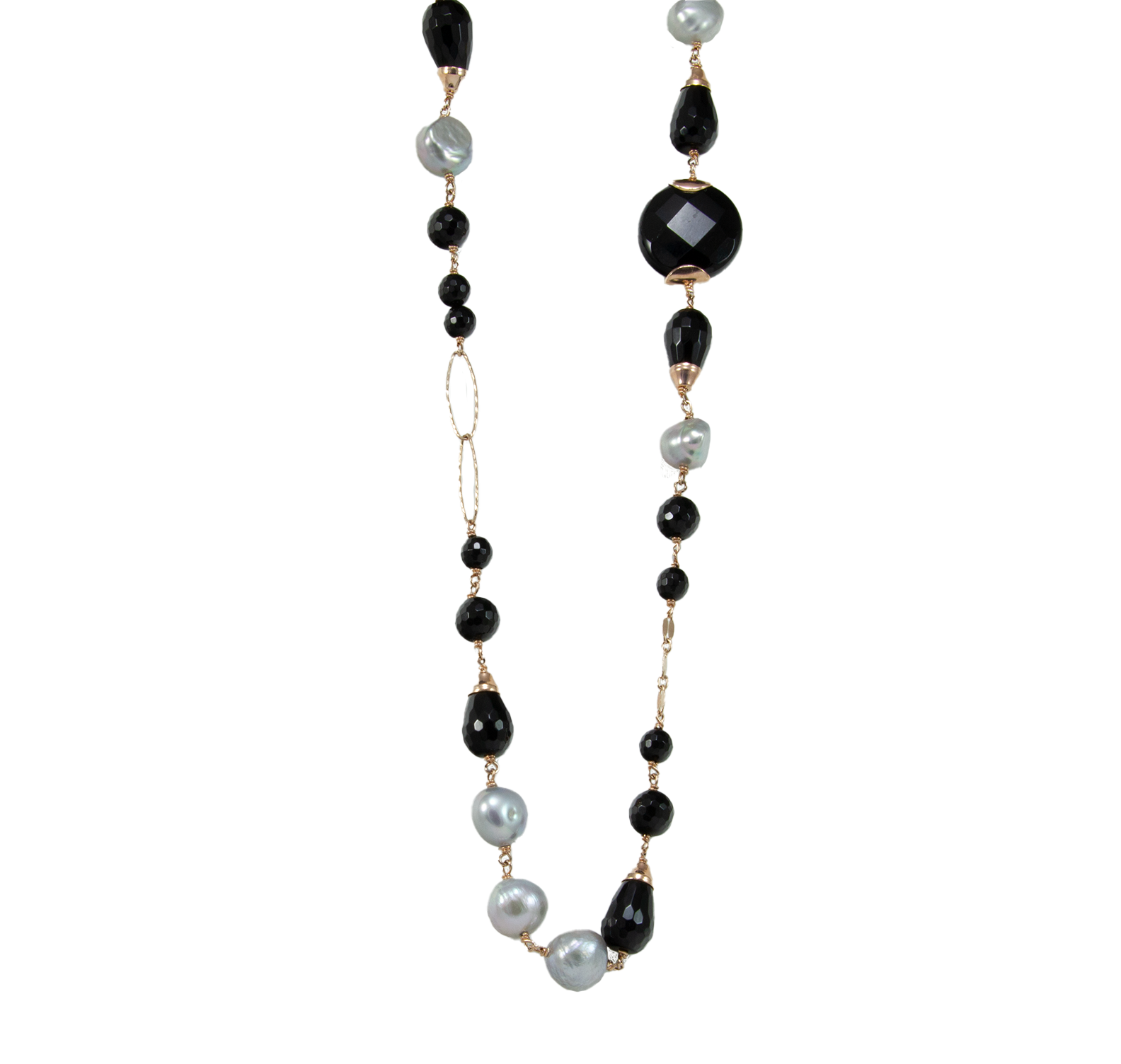 Black Agate & Silver Pearl Link Necklace