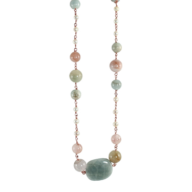 Morganite Cloudy Quartz & White Pearl Necklace - 100cm