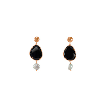 Black Agate & Pearl Drop Stud Earrings