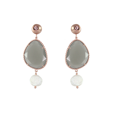 Grey Agate & White Pearl Drop Earrings