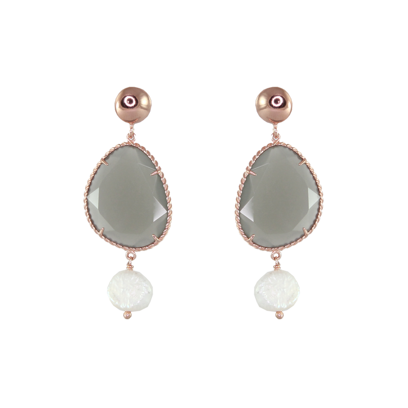 Grey Agate & White Pearl Drop Earrings