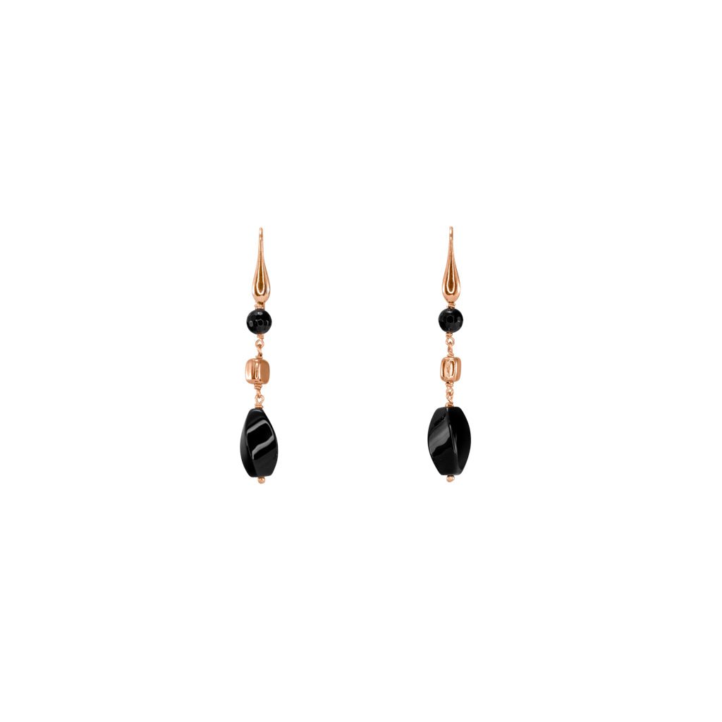 Black Agate & Rose Gold Nugget Triple Drop Earrings