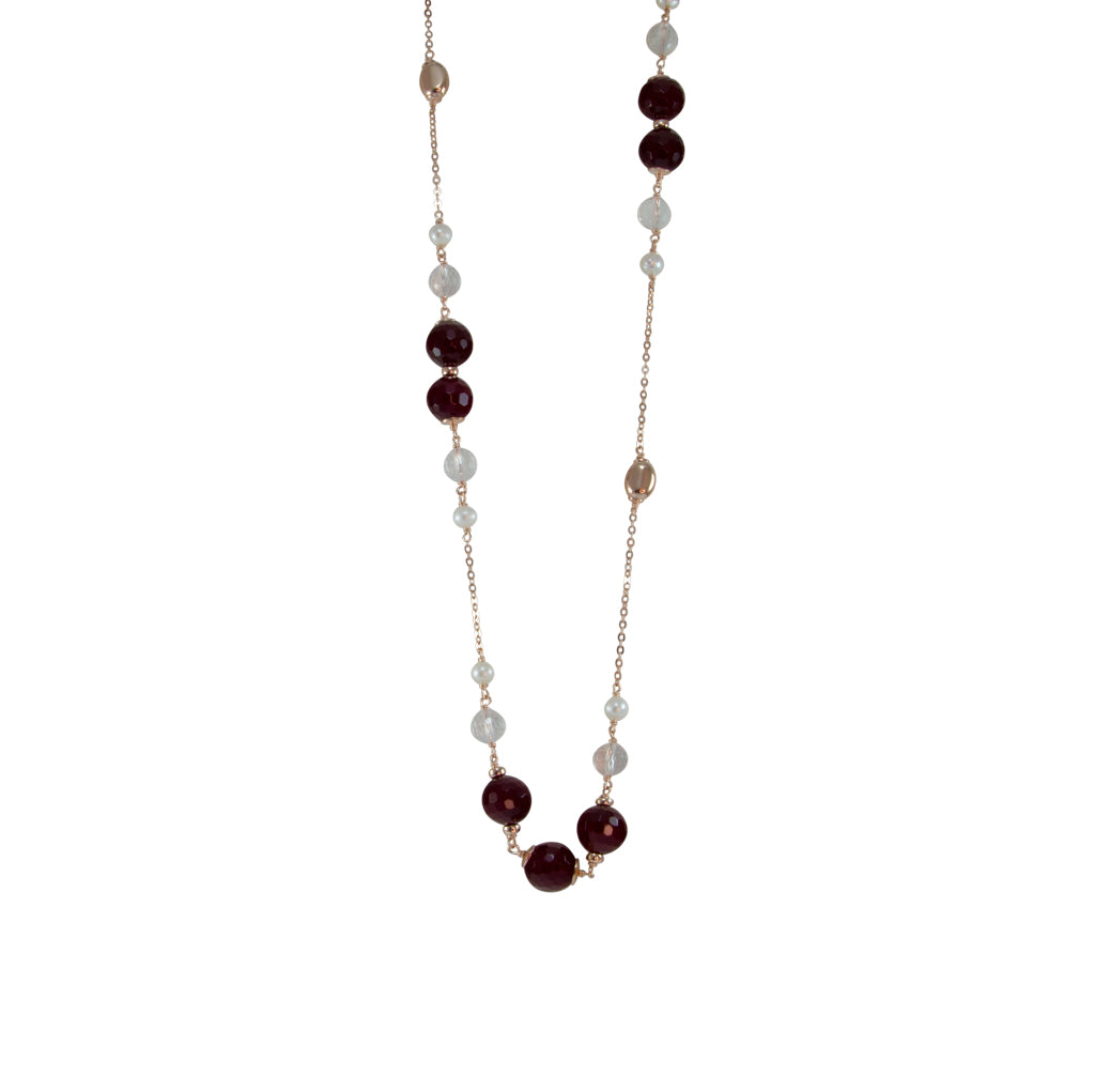 Red Agate, Pearl, Crystal & Rose Gold Necklace - 21cm