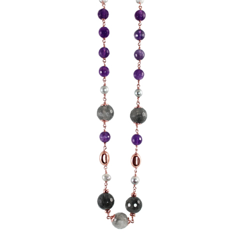 Amethyst, Cloudy Quartz, & Silver Pearl Necklace - 58cm