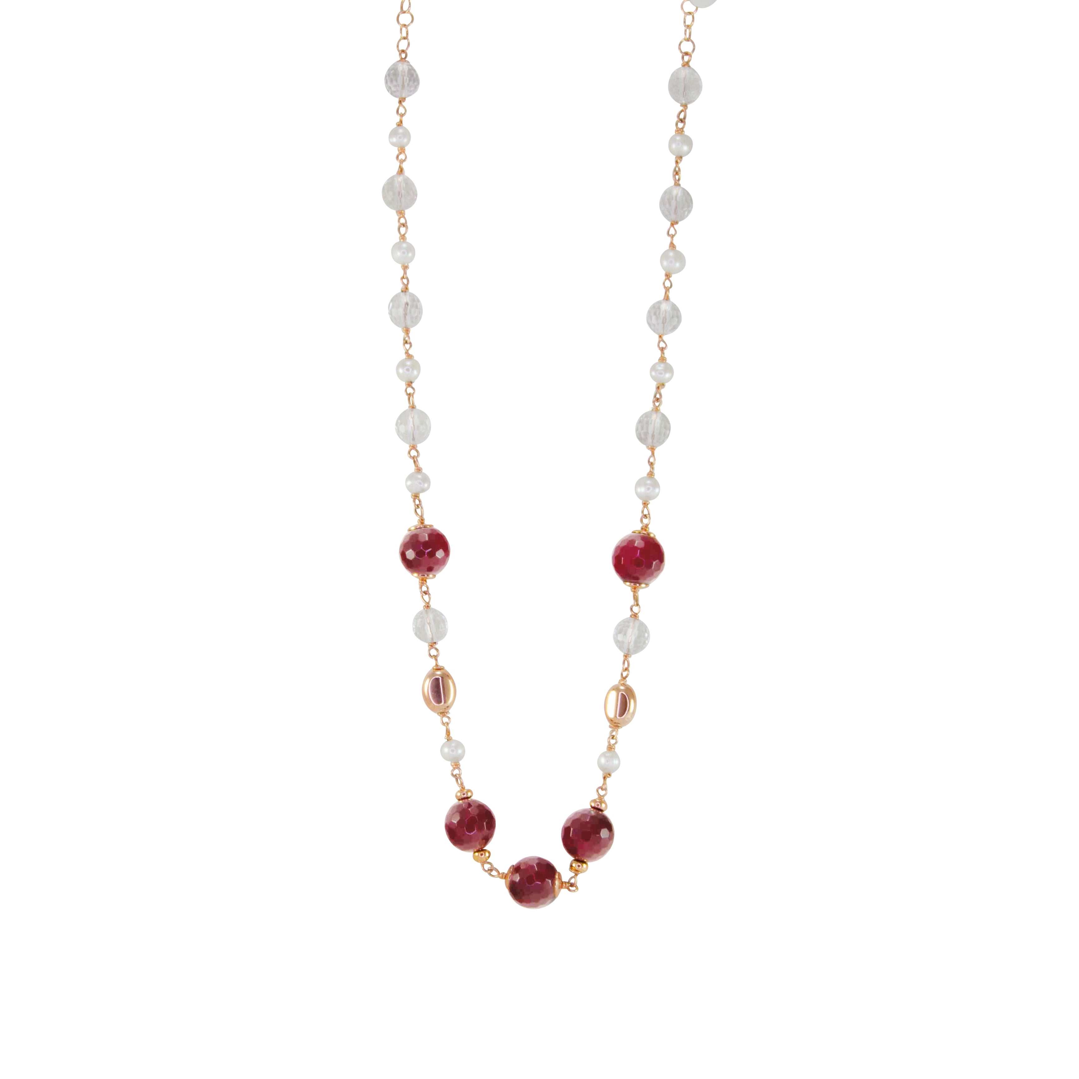 Red Agate, Clear Crystal, Rose Gold Nugget & Silver Pearl Necklace