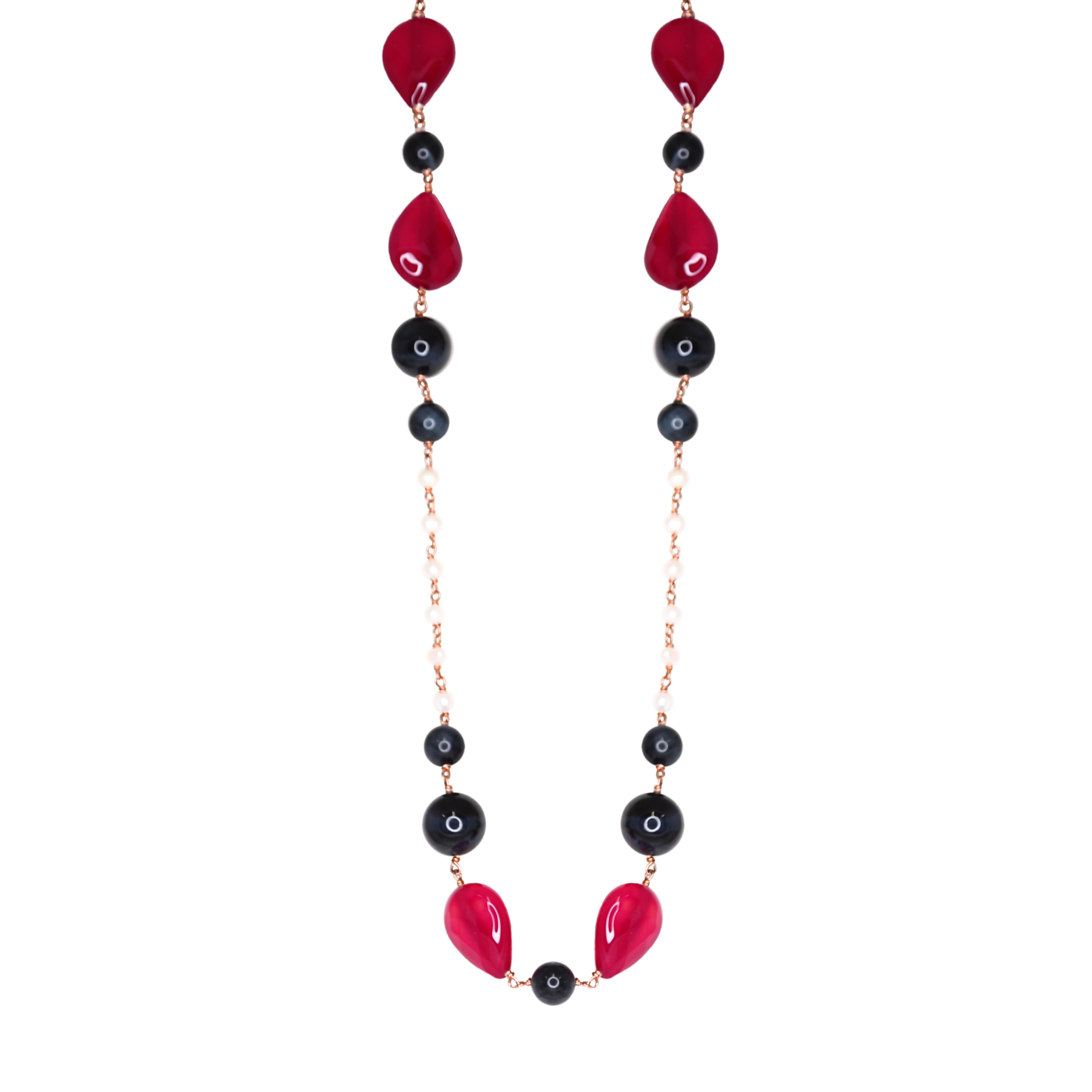 Ruby Agate, Pearl & Onyx Necklace - 120cm