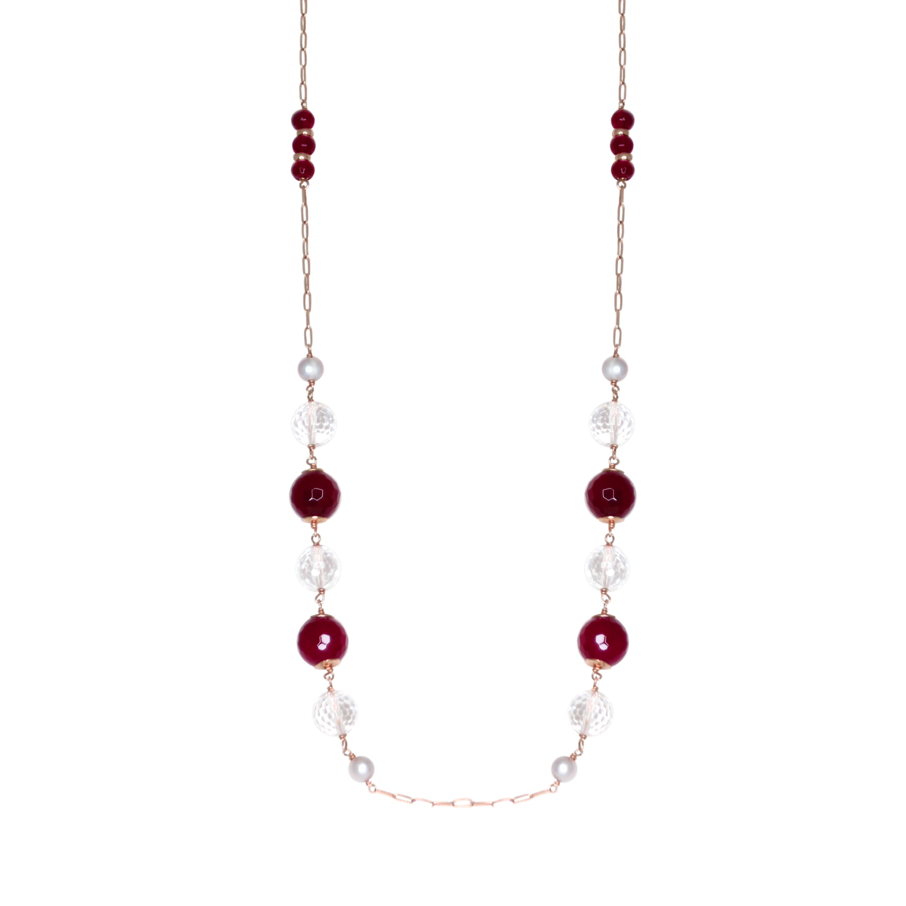 Red Agate, Silver Pearl & Clear Crystal Necklace - 120cm