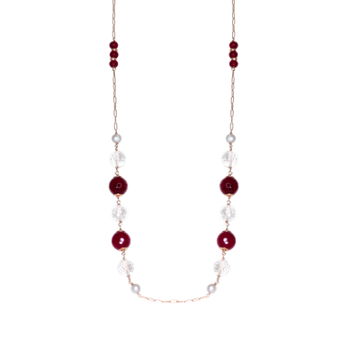 Red Agate, Silver Pearl & Clear Crystal Necklace - 120cm