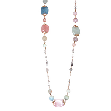 Morganite, Cloudy Quartz & Rose Gold Necklace - 120cm