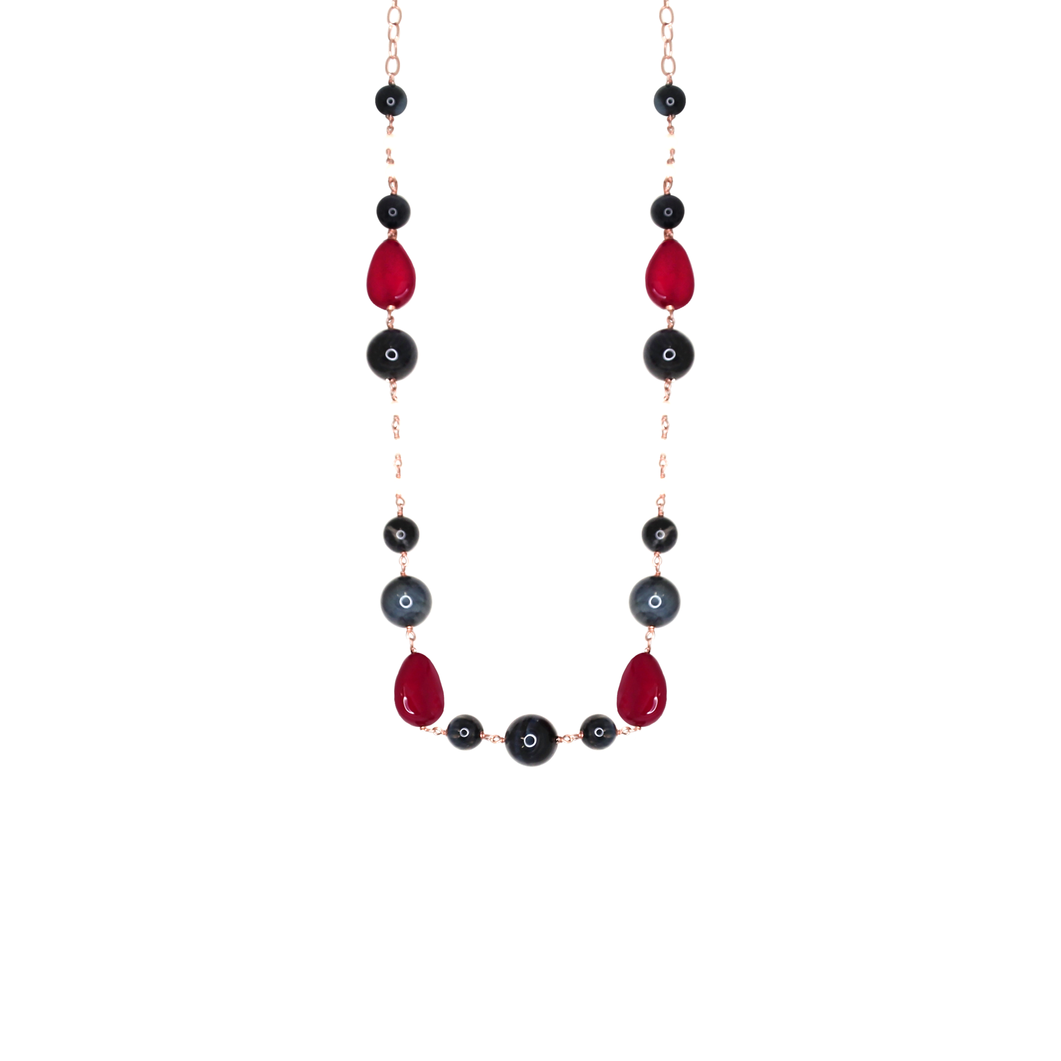 Ruby Agate, Pearl & Onyx Necklace - 58cm
