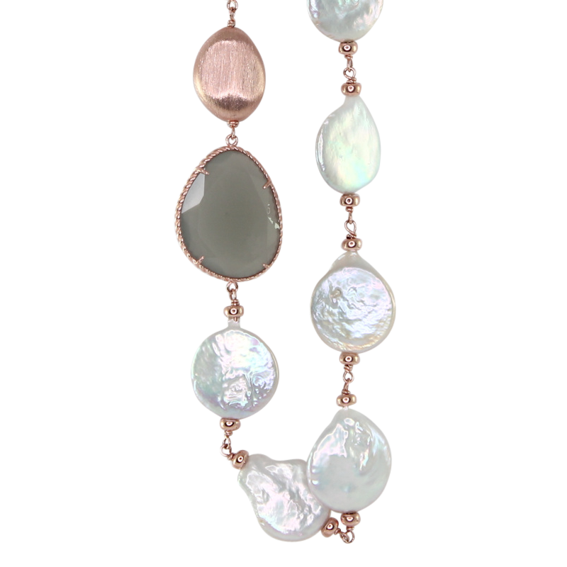 Coin Pearl & Milky Grey Agate Necklace