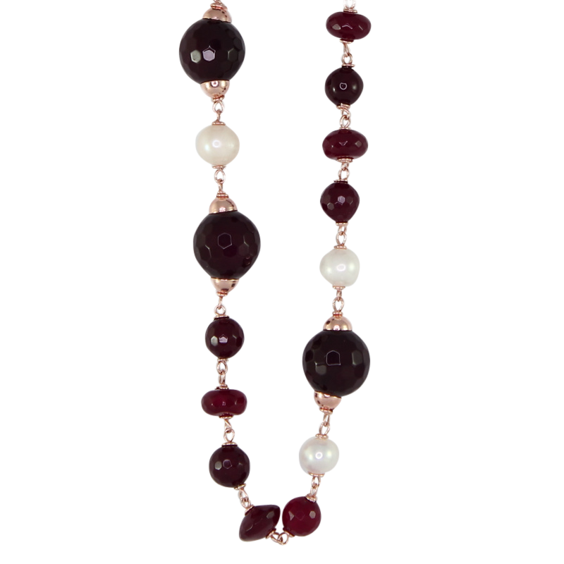 Ruby Agate, Pearl & Gold Nugget Necklace - 90cm