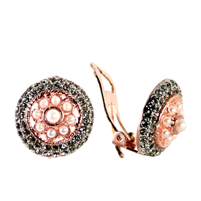 Round Pearl & Crystal Clip-On Earrings