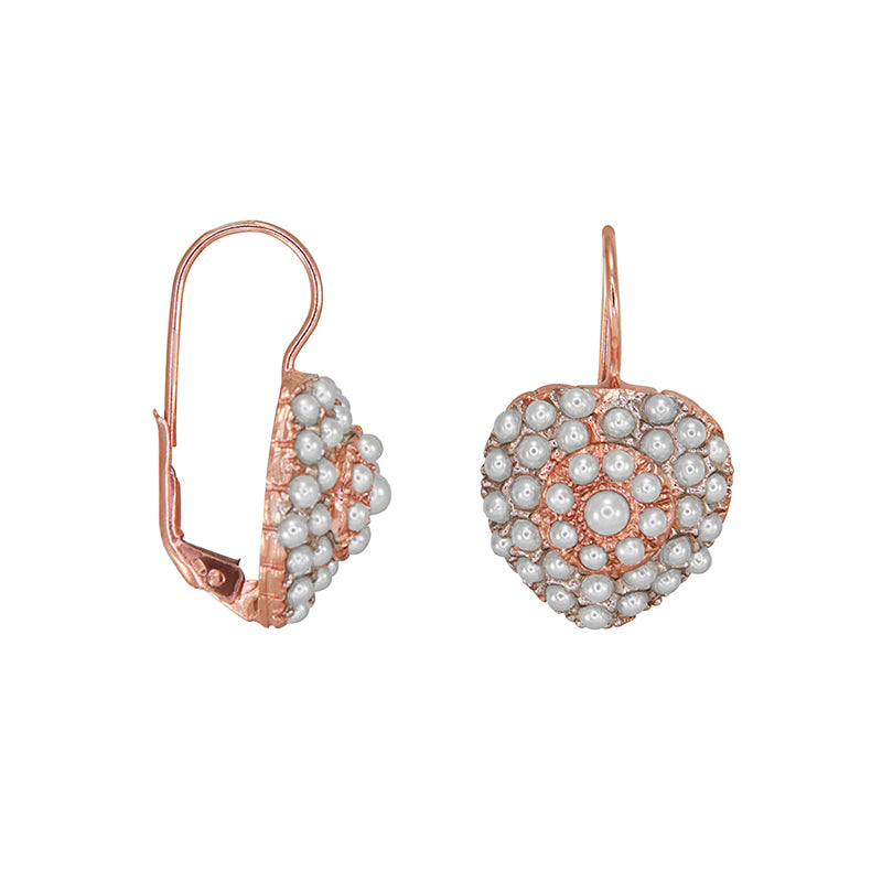 White Pearl & Rose Gold Heart Earrings