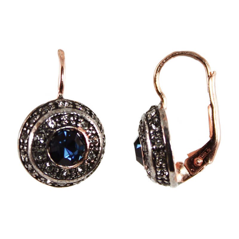 Dark Blue & Crystal Circle  Drop Earrings