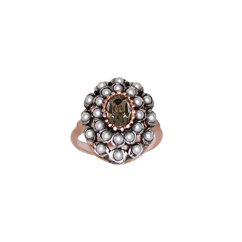 Crystal Fume & Pearl Oval Ring