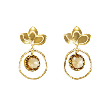 Leaf & Champagne Stone Drop Earrings - Yellow Gold
