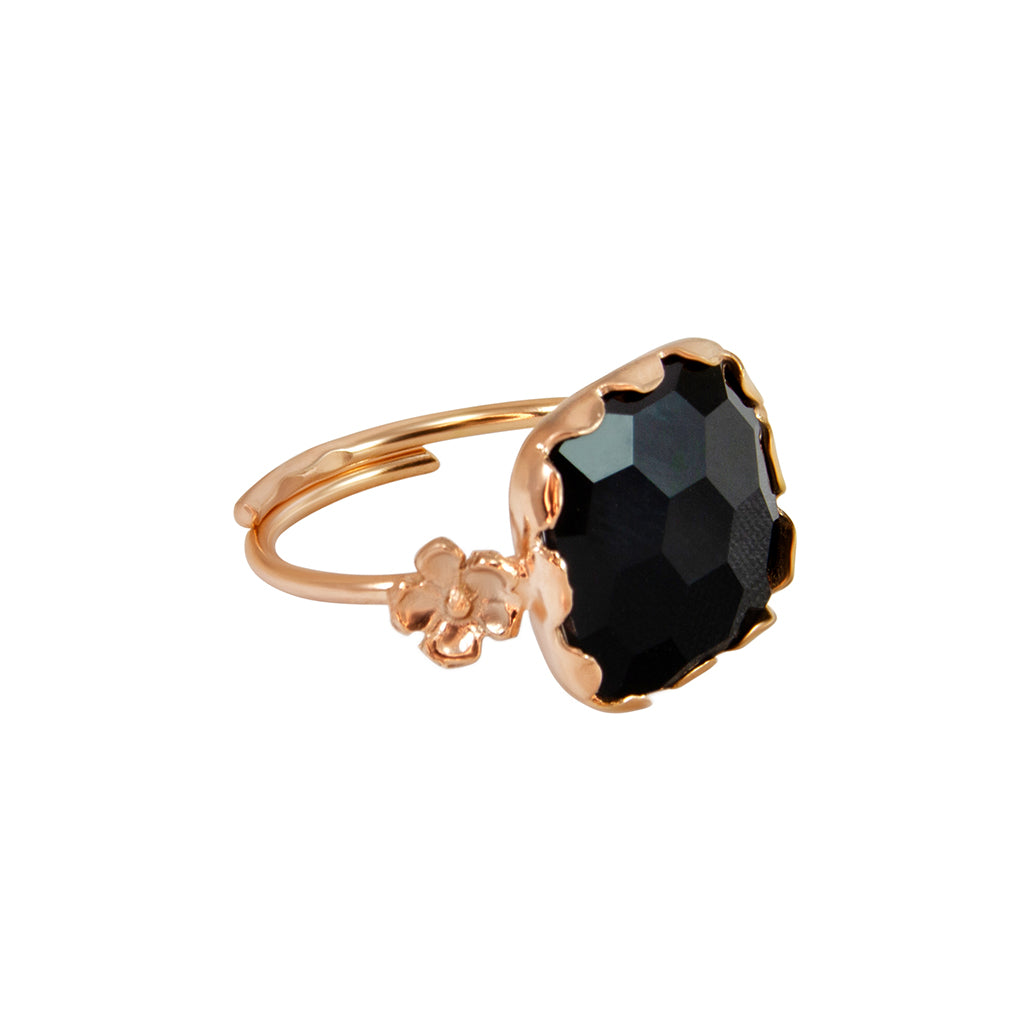 Black Square Gemstone Flower Ring