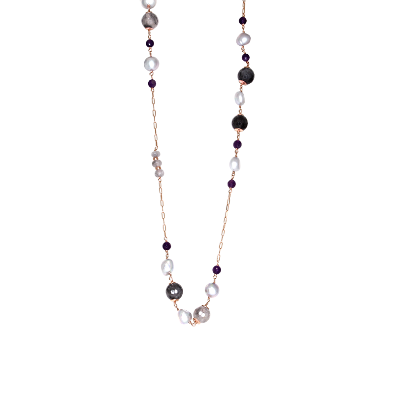 Cloudy Quartz, Silver Pearl and Amethyst Necklace - 120cm
